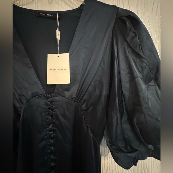 NWT MAGALI PASCAL Navy Baron long dress Puff-Sleeved Midi Dress silk Size M - Picture 5 of 11